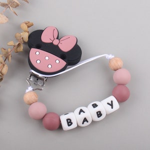 Pacifier attachment personalized pacifier first name, Mouse Bowknot Pacifier Clip, Silicone Bead Pacifier Clip, Baby Gift, Soother Clip Pale Mauve