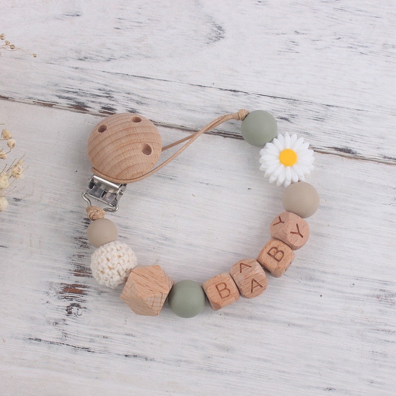 Sunflower Pacifier Attachment Clip, Personalized Name Pacifier Clip, Beech Paci Clip, Cute Daisy Silicone Anti Drop Chain, Babyshower Gift Green+White