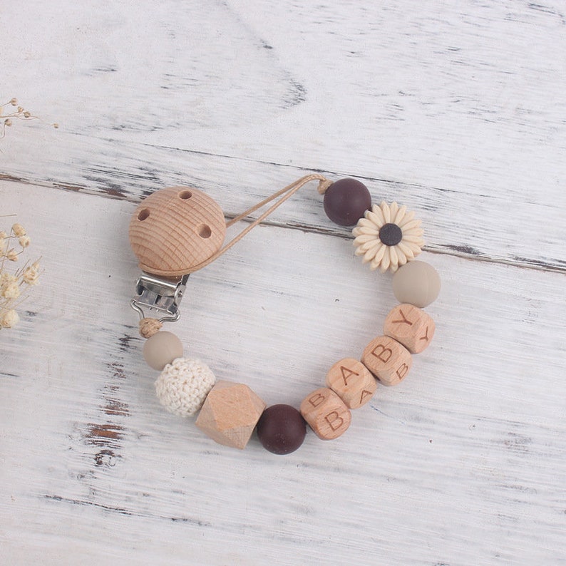 Sunflower Pacifier Attachment Clip, Personalized Name Pacifier Clip, Beech Paci Clip, Cute Daisy Silicone Anti Drop Chain, Babyshower Gift Beige
