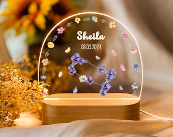 Floral del zodíaco personalizado con luz nocturna de nombre, luz nocturna de flores del mes de nacimiento, lámpara acrílica, decoración de guardería con nombre personalizado, regalos de baby shower