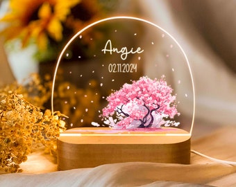 Personalized Sakura Night Light With Name, Cherry Blossom Tree Night Light Decor, Night Lamp With Wooden Base, Nursery Room Night Light