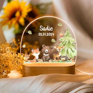 Personalized Woodland Animals Night Light, Baby Gift Birth, Night Light Baby Rainbow Night Lamp, Birth Gift, Baby Bedside Lamp Gift for Kids