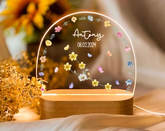 Luz nocturna de flores personalizada del mes de nacimiento del zodíaco, luz nocturna de acrílico para bebés, nombre personalizado / decoración de vivero de flores, regalo de baby shower, regalo para bebés