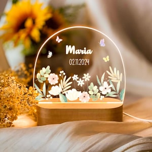 Personalized Floral Night Light with Name Date, Baby Bedroom Night Light Decor, Custom Night Lamp with Wooden Base, Nursery Room Night Light