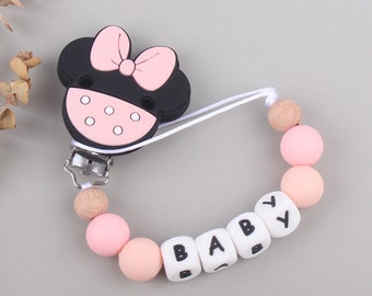 Pink Pacifier attachment personalized pacifier first name, Mouse Bowknot Pacifier Clip, Silicone Bead Pacifier Clip, Baby Gift, Soother Clip