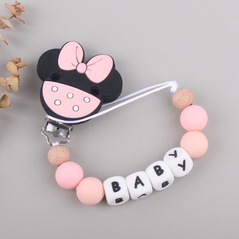 Pacifier attachment personalized pacifier first name, Mouse Bowknot Pacifier Clip, Silicone Bead Pacifier Clip, Baby Gift, Soother Clip pink