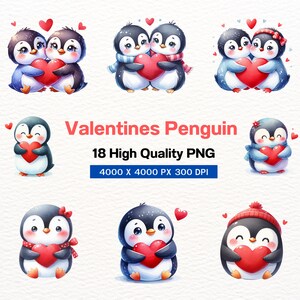 Watercolor Valentine's Penguin Clipart: 18 PNG Files - Cute Love Penguins, Digital Romantic Art, Perfect for Crafts & Invitations