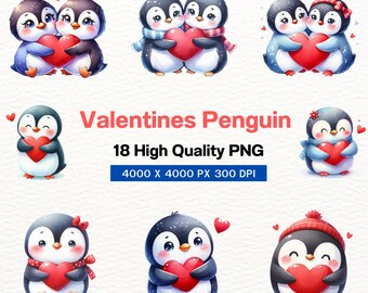 May include: A set of 18 digital Valentine's Day penguin illustrations. The penguins are depicted in various poses, including holding hearts, wearing hats, and cuddling. The illustrations are in a cartoon style and are perfect for use in digital projects.