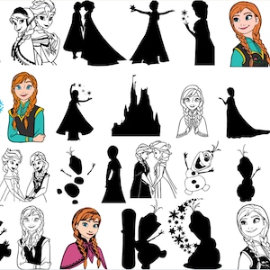 May include: A digital clipart set featuring various images of princesses, including Anna and Elsa from Frozen, in different poses and styles. The set includes images of the princesses in their iconic dresses, as well as images of them in casual clothing. The set also includes images of the princesses with their friends and family, such as Olaf the snowman and Kristoff.
