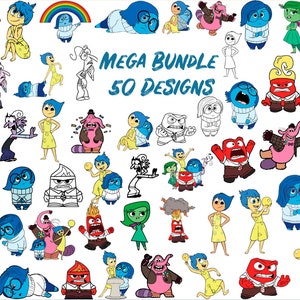 May include: A set of 50 digital designs featuring characters from the animated film Inside Out. The characters include Joy, Sadness, Anger, Fear, and Disgust. The designs are in various poses and expressions, and some include text such as "MEGA BUNDLE" and "50 DESIGNS".