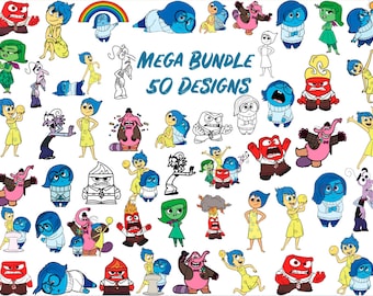 May include: A set of 50 digital designs featuring characters from the animated film Inside Out. The characters include Joy, Sadness, Anger, Fear, and Disgust. The designs are in various poses and expressions, and some include text such as "MEGA BUNDLE" and "50 DESIGNS".