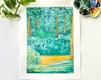 Original Gouache Landscape Green Blue Forest Painting