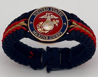 Pulsera personalizada del Cuerpo de Marines de EE. UU.: águila, globo terráqueo y ancla en oro y plata de 24 quilates (hecha a mano)