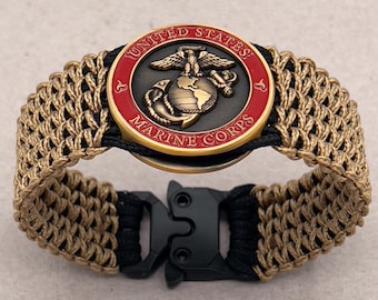 Pulsera de paracord del Cuerpo de Marines de EE. UU.: Ancla dorada con águila y globo terráqueo. Joyería de veteranos hecha a mano.