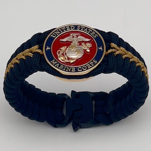 Gold Stripe USMC Bracelet: Silver & Gold Eagle Globe Anchor, Military Veteran Gift