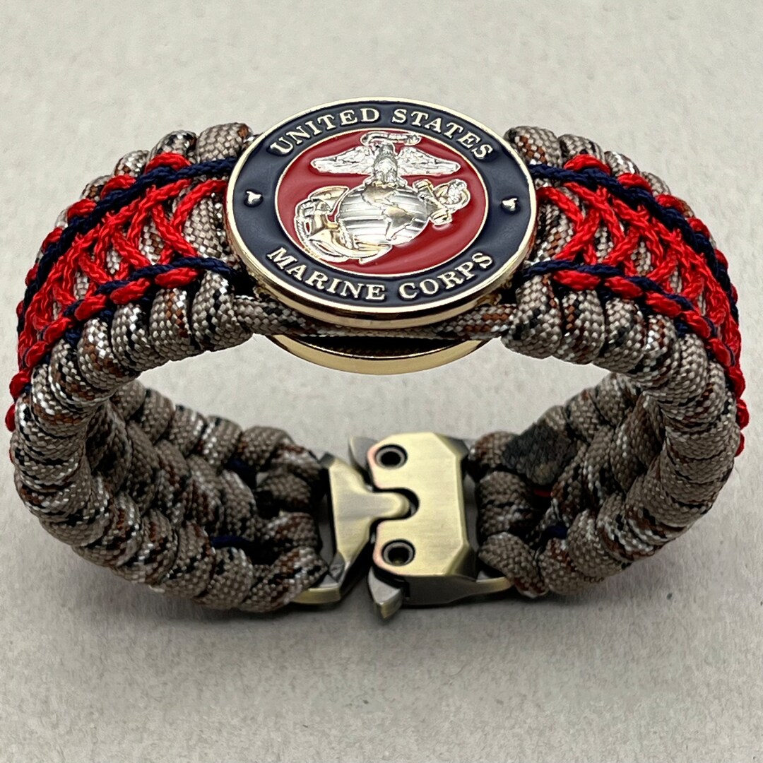 USMC Paracord Bracelet Gift, Marine Veteran Jewelry, Silver and Gold