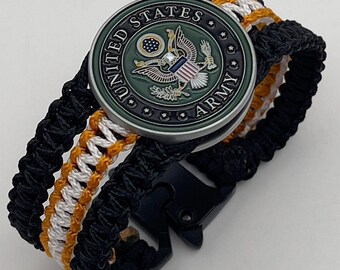 Handmade US Army Bracelet: Woven Cord, Engraved Medallion