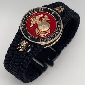 Personalized USMC Bracelet: Gold EGA, Brass Spartan helmets, Semper Fidelis