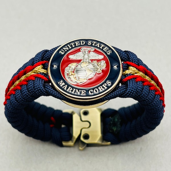 Marine Corps paracord bracelet, USMC retirement jewelry gift, veteran military gift, Semper Fi, silver gold plated EGA, Chesty Puller