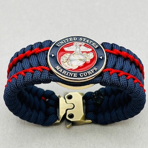 USMC paracord bracelet gift, Marine veteran jewelry, silver and gold plated Marine Corps Eagle Globe Anchor, Semper Fi, Chesty Puller