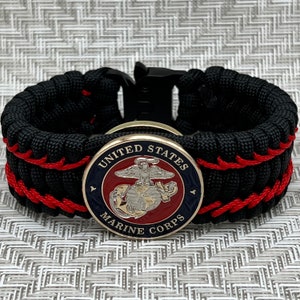 USMC paracord bracelet gift, Marine veteran jewelry, silver and gold plated Marine Corps Eagle Globe Anchor, Semper Fi, Chesty Puller