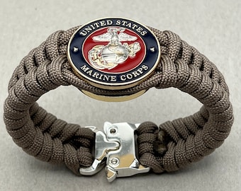 Marine Corps paracord bracelet, USMC retirement jewelry gift, veteran military gift, Semper Fi, silver gold plated Eagle Globe and Anchor