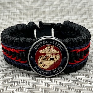 Regalo de pulsera paracord USMC para veterano de la Marina, joyería Eagle Globe Anchor del Cuerpo de Marines, Devil Dogs, EGA chapado en oro, Chesty Puller