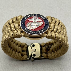 USMC paracord bracelet gift, Marine veteran jewelry, silver and gold plated Marine Corps Eagle Globe Anchor, Semper Fi, Chesty Puller