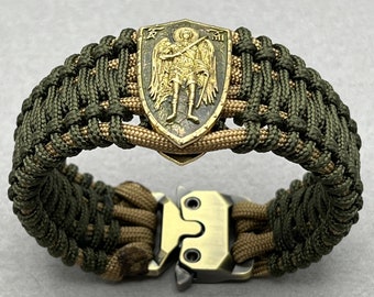 Handcrafted St Michael Paracord Bracelet, Religious Jewelry, Gold Plated Emblem