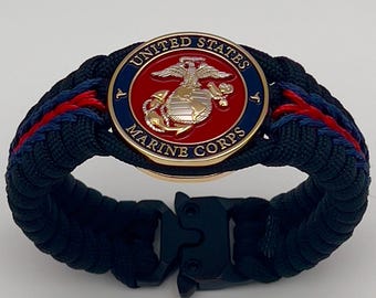 Pulsera USMC grabada: águila, globo terráqueo y ancla en oro de 24 quilates y plata. Hecha a mano.
