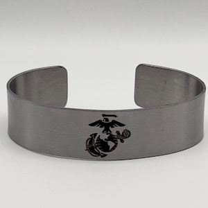 USMC Cuff Bracelet: Engraved Eagle, Globe, Anchor - Brushed Stainless Steel
