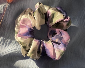 Lilac Floral Satin Handmade Scrunchie