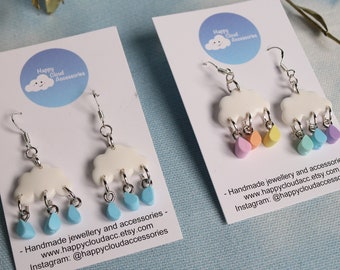 Cloud Shaped Handmade Polymer Clay Earrings with Pastel Rainbow Rain Drops