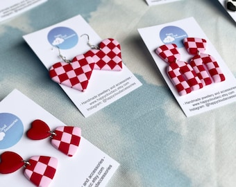 Red and Pink Checkerboard and Wavey Handmade Earrings