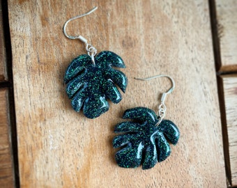 Monstera Glitter Handmade Earrings