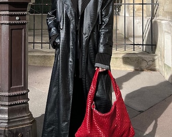 Maroon woven leather bag, glossy burgundy purse, genuine hobo shoulder bag, elegant woven handbag for women, stylish red leather accessory