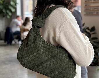 Olive green suede hobo bag, knotted khaki shoulder purse, woven slouchy handbag