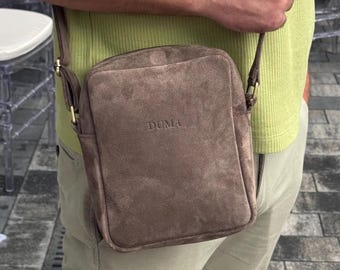 Mens crossbody bag, suede mocha messenger shoulder purse