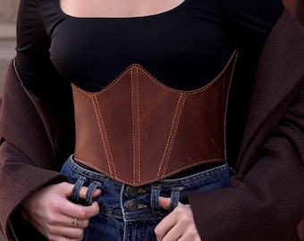 Brun läderkorsett under bysten, midjeband i renässansstil, liv i specialstorlek, mörk, häxig topp från Academia