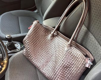 Classy woven leather tote bag, slouchy shoulder carryall