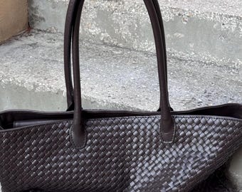 Dark chocolate tote, slouchy woven leather laptop bag