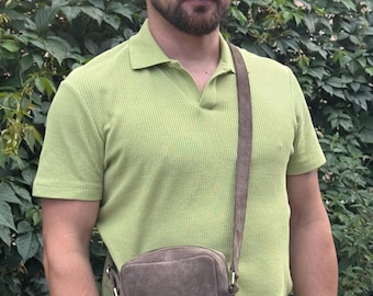 Minimalist man bag, brown suede everyday crossbody pouch