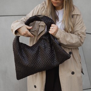 Smooth leather woven bag, casual brown leather rooomy bag, women hand woven bag, square shape office handbag, hamdmade leather purse