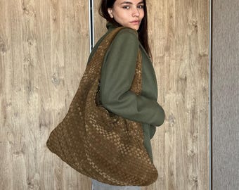 Cappuccino shoulder bag, large suede bag, brown hand woven bag, coffee hobo bag, casual leather bag, leather anniversary gift
