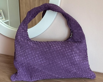 Purple woven leather hobo bag, slouchy zippered handbag, chic sling bag, everyday pouch
