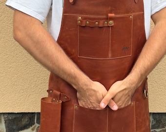 Leather work apron for men, brown woodworking tool apron, craftsman Christmas gift