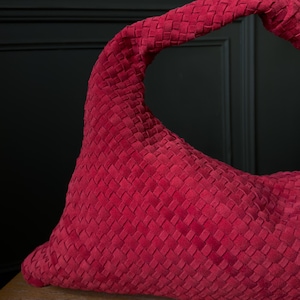 Slouchy red tote bag, cherry suede woven hobo, scarlet luxury triangular shoulder shopper, mothers day gift