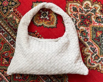 White suede hobo, cream woven bag, braided shoulder purse, large handmade shopper, bridal gift