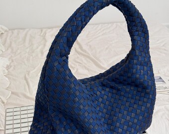 Denim and leather bag, woven blue y2k slouchy tote
