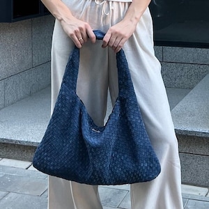 blue suede handbag,
woven shoulder bag,
handwoven purse her,
everyday wear tote,
women leather tote,
custom size shopper,
office tote pockets,
minimalist women bag,
business casual bag,
navy blue accessory,
birthday gift friend,
anniversary gift her,
trendy accessories,